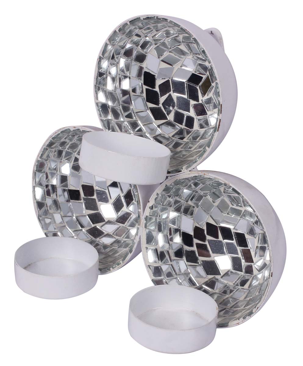 6” Wall-Mounted 3 Tea-Light Holders in Iron with Mirror-Work - White- Mosaic Art / Home Decor from India - Buy in Bulk Wholesale